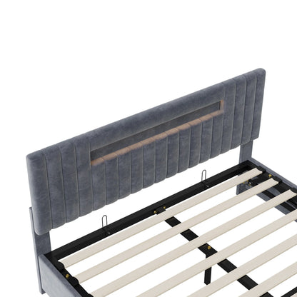 Rosahqnda hydraulisches Doppelbettgestell 140–160 x 200 cm mit LED, USB und großem Stauraum, gepolstertes Gästebett, Teenager-Wohnbett, Samt