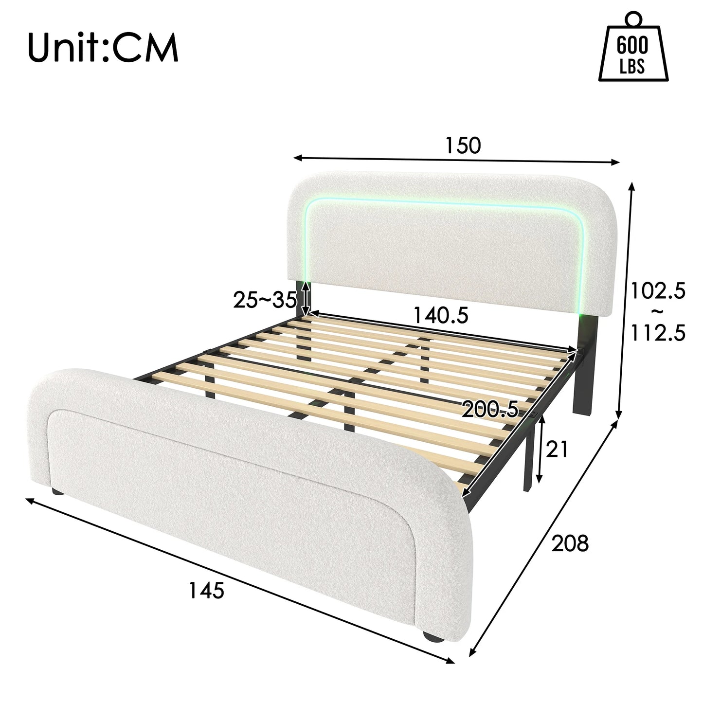 Polsterbett Doppelbett mit USB-Ladeanschluss,LED-Beleuchtung, Funktionelles bett mit Höhenverstellbarem Kopfteil(Ohne Matratze)