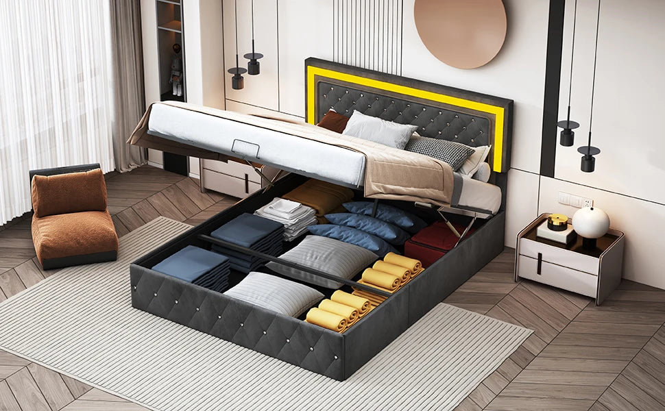 Rosahqnda Doppelbettgestell 140–160–180 x 200 cm, verstellbares LED-Kopfteil, hydraulisches Bett mit Stauraum, gepolstertes Jugendbett, Samt