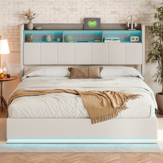 Rosahqnda hydraulisches Doppelbettgestell 140–160 x 200 cm mit LED, USB und großem Stauraum, gepolstertes Gästebett, Teenager-Wohnbett, Samt