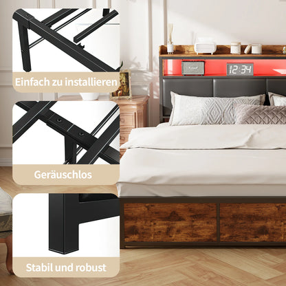 Comanlai Polsterbett, 180 x 200 cm, Eisenrahmen, Doppelbett mit LED-Leuchten und 4 Schubladen, gepolstertes Bett mit Lattenrost