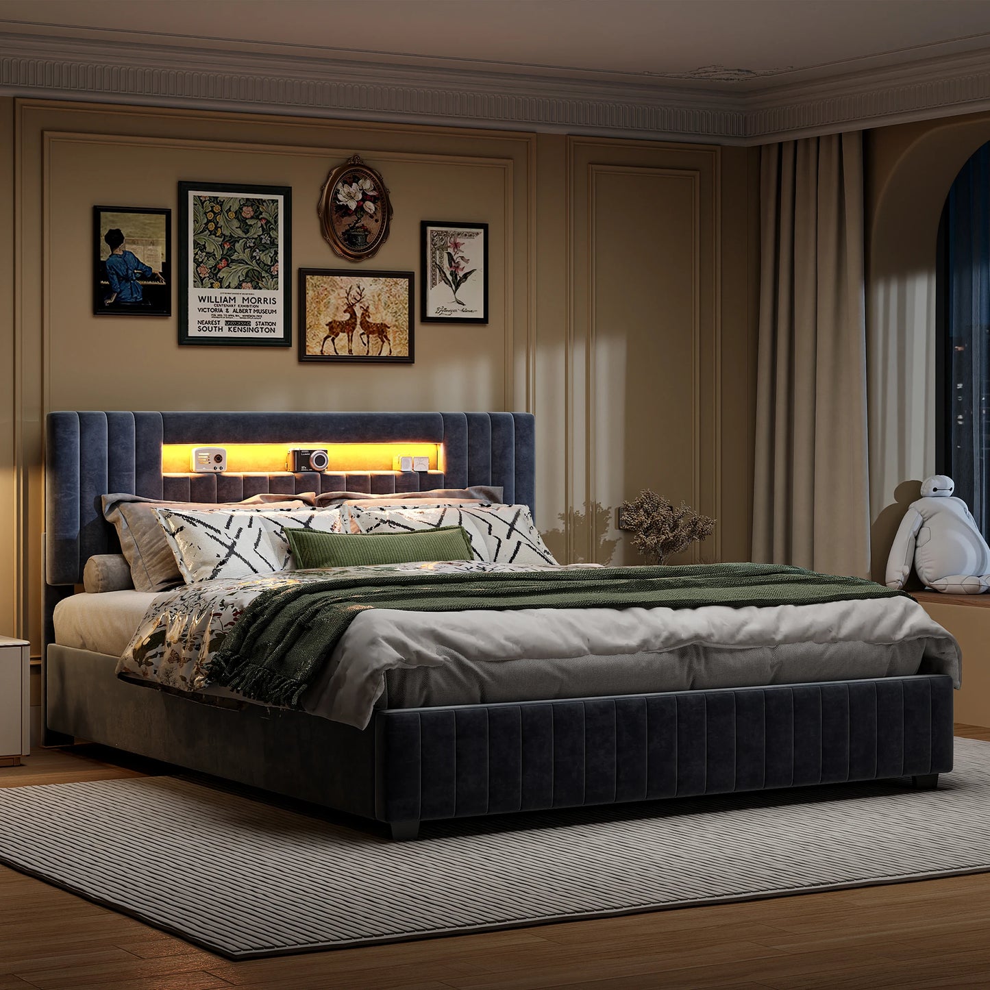 Rosahqnda 140x200 Bett mit Stauraum und Untergestell, gepolstertes Bett mit Stauraum, Doppelbett mit LED, Bettgestell aus Samt, mit Lattenrost, Grau