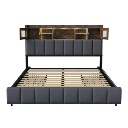 WoodenAura Polsterbett 140x200cm, Doppelbett mit 4 Schubladen, LED Kopfteil mit USB Ladefunktion, Rückenlehne Bett mit Stauraum