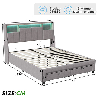 Rosahqnda Polsterbett 140/160 x 200 cm mit LED, USB, Schubladen, Kopfteil mit Stauraum, Gästebett, Wohnmännerbett, Leinen für Erwachsene/Teenager,