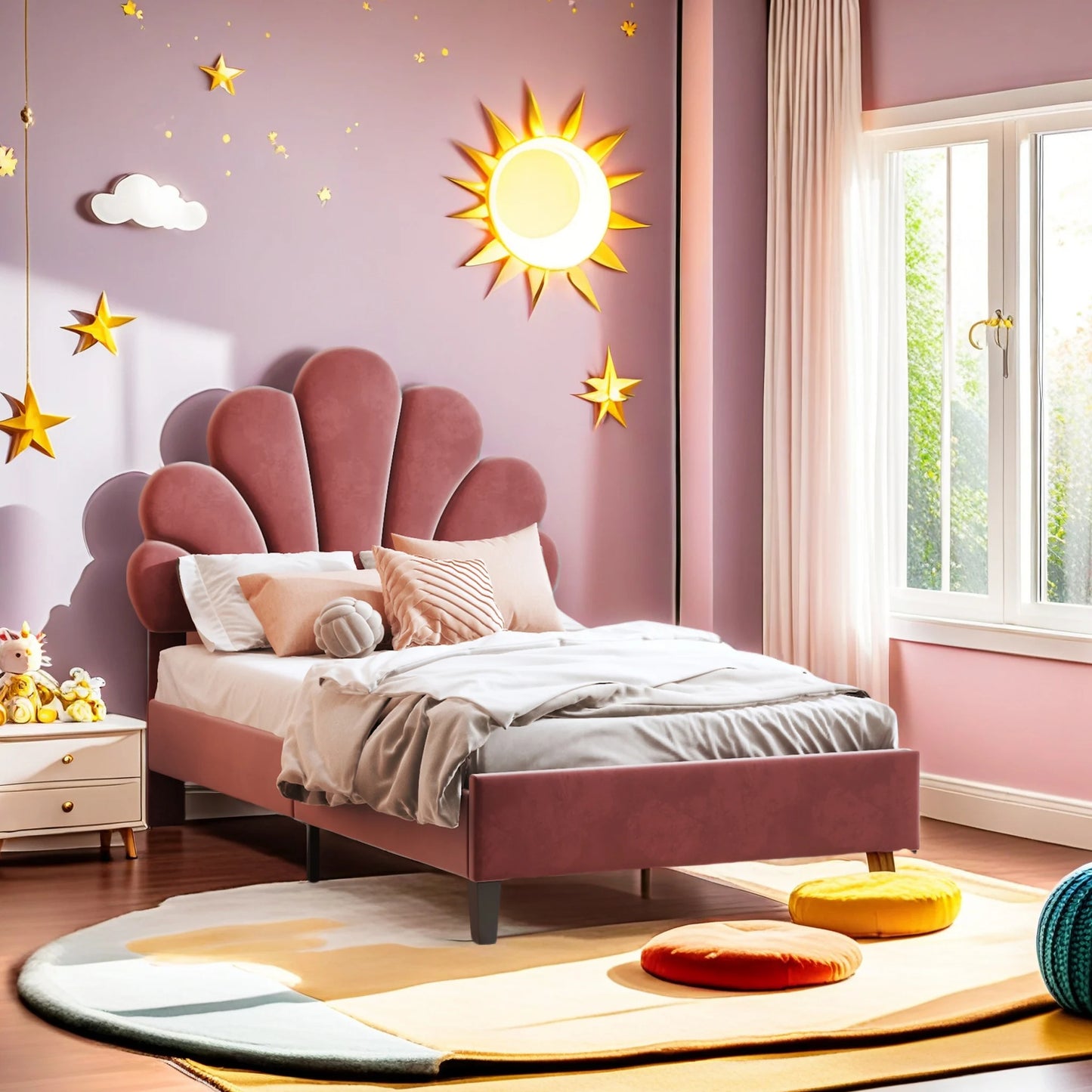 Rosahqnda Kinderbett , Einzelbett für Mädchen, höhenverstellbares Kopfteil, Blumenkopfteil, Polsterbett für Kinder, Velours