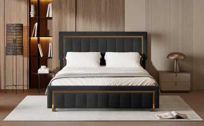 Rosahqnda Doppeltes gepolstertes hydraulisches Bett, 140-160 * 200 cm, großer Stauraum, Gästebett, Samt, schwarz, beige