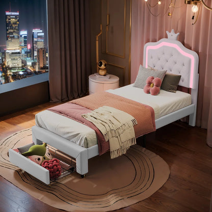 Kinderbett Polsterbett 90x200cm, Bett für Mädchen mit Schublade,Kronenförmiges Prinzessinnenbett mit LED-Lichtleisten,Weiß,PU