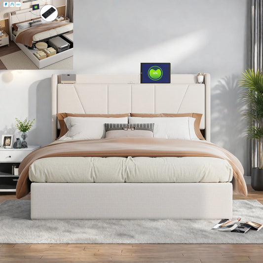 Rosahqnda Doppelbettrahmen 140-160*200 cm USB-Hydraulikbett gepolstertes Gästebett Jugendwohnung Bett Hauptschlafzimmer,Leinen