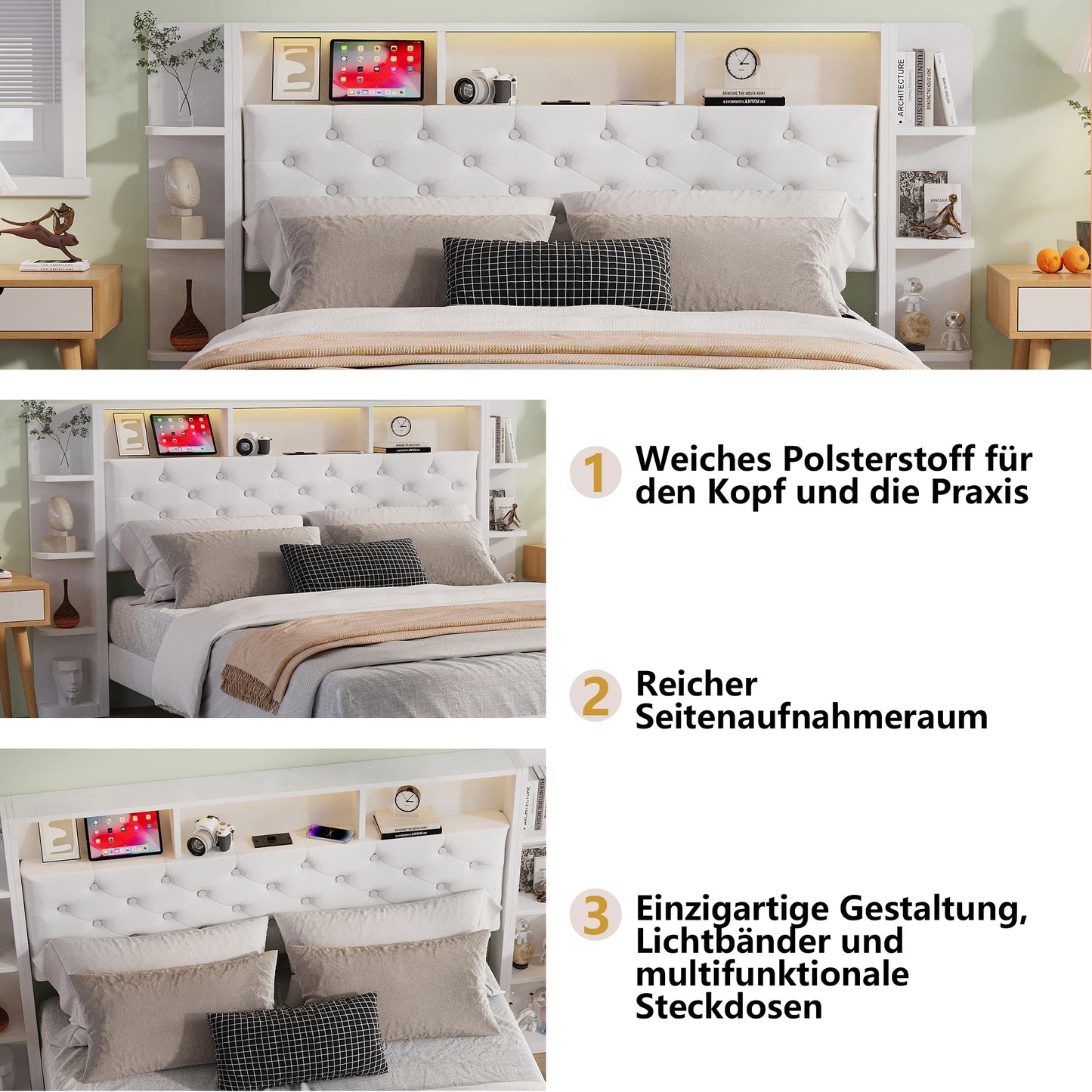 UrbanLuxe Polsterbett 140x200 cm mit LED-Streifen und USB-Ladeanschluss, Stauraumschubladen, Lattenrost, weißer Samt