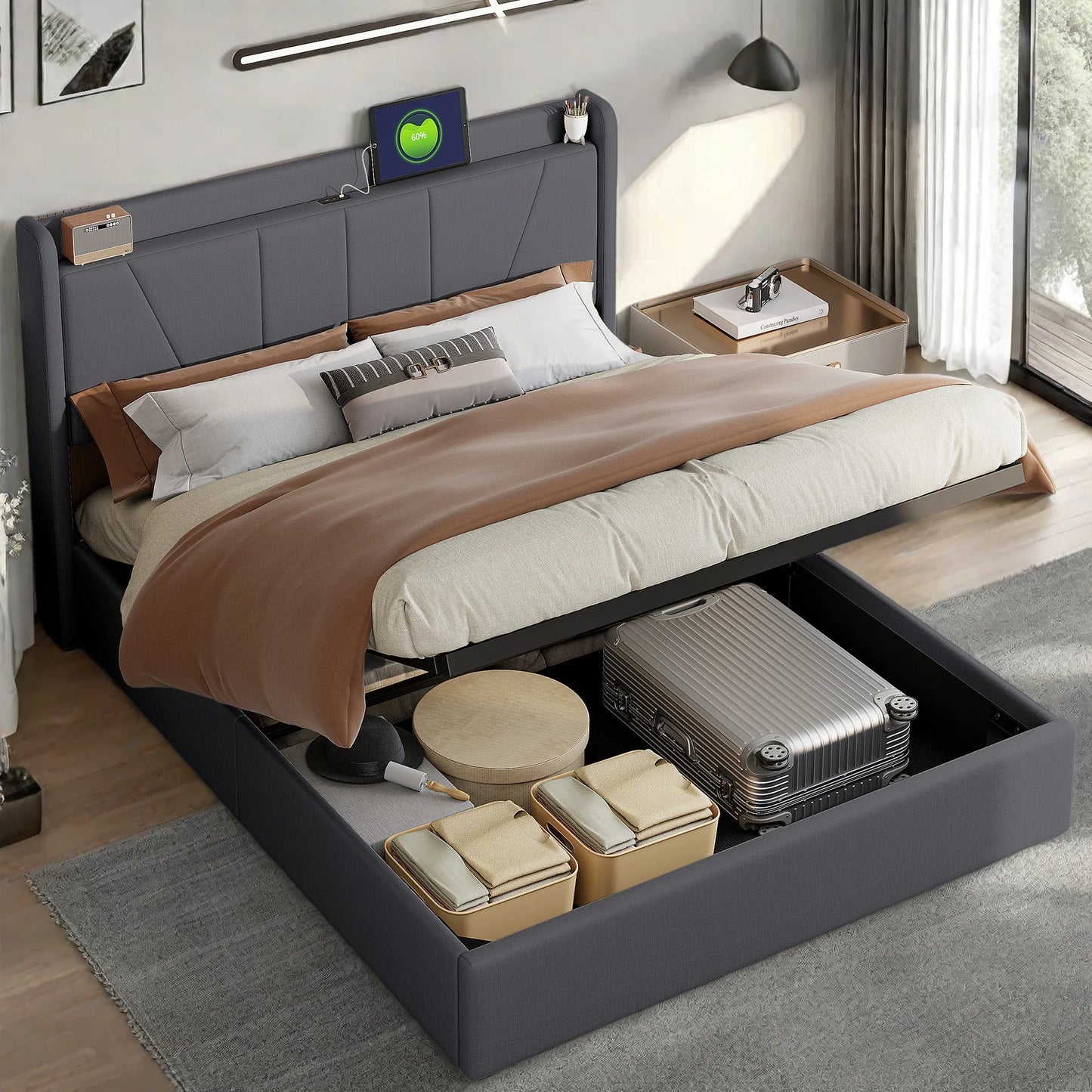 RosahqndaPolsterndes Doppelbett mit Stauraum unter dem Bett, LED-Kopfteil mit USB/Typ C, Bettgestell mit Stauraum und Lattenrost