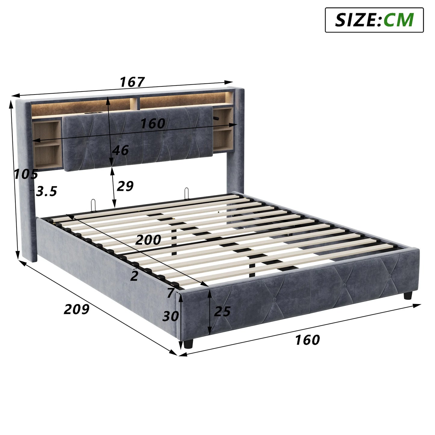 Rosahqnda Doppelbett， mit USB und LED, Polsterbett mit Stauraum und Kopfteil, Bettrahmen mit Holzlattenrost, Samt，grau
