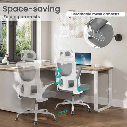 WOLTU Drehbarer Bürostuhl, ergonomischer Netz-Schreibtisch, Computerstuhl, höhenverstellbar, Schaukelfunktion, umkehrbare Armlehnen, Kopfstütze