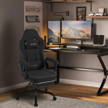 WOLTU Drehbarer Gamer-Stuhl, Gaming-Stuhl, ergonomischer Büro-Computerstuhl mit Lendenkissen, Fußstütze