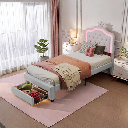 90x200cm Polster bett, Einzel bett mit Lattenrost und Rückenlehne, mit LED und großem Stauraum, PU, White, ohne Matratze