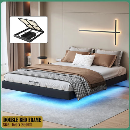 Anajqaqia Hängebettrahmen, 160 x 200 cm, schwarz, mit LED-Lichtleiste und Aufbewahrung der Gasdruckstange