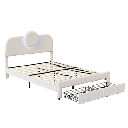 Rosahqnda Doppelbettgestell 140 x 200 cm mit LED und 2 Schubladen, gepolstertes Einzelbett, Stauraumbett, Teenagerbett, Gästebett, Samtbeige