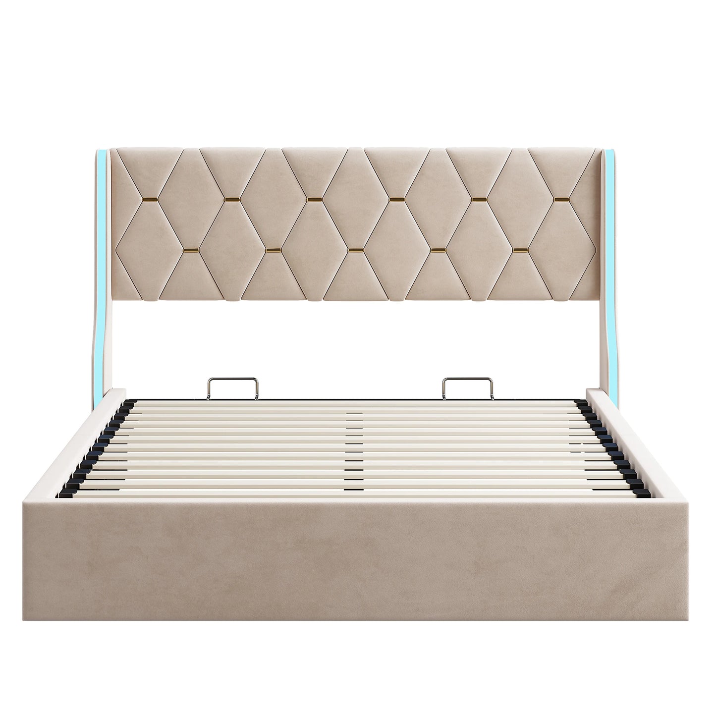 Bett 140x200 cm, Polsterbett mit Hydraulischem Stauraum und LED-Kopfteil, Doppelbett Stauraumbett mit Lattenrost, Funktionsbett