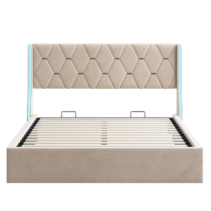 Bett 140x200 cm, Polsterbett mit Hydraulischem Stauraum und LED-Kopfteil, Doppelbett Stauraumbett mit Lattenrost, Funktionsbett