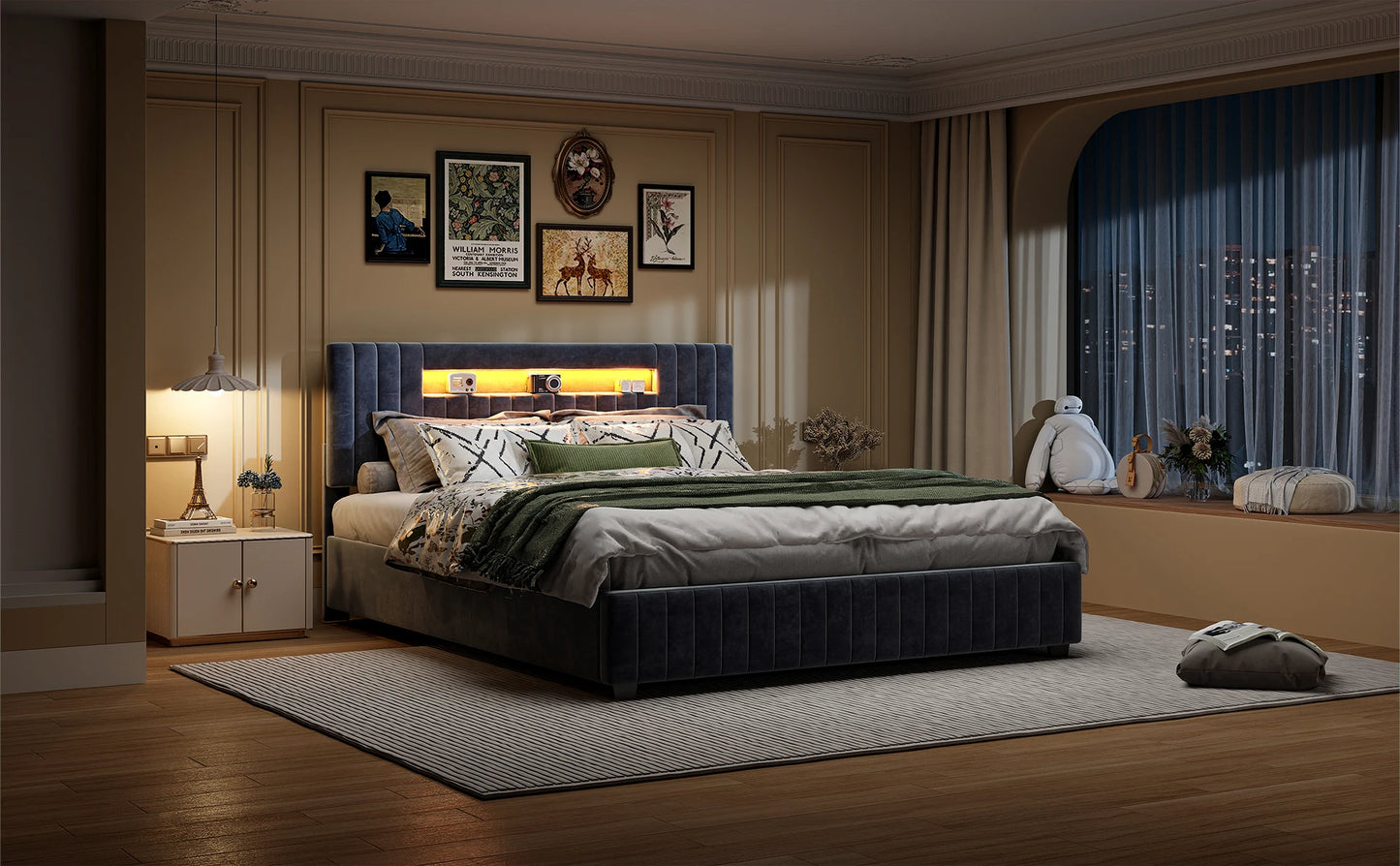 Rosahqnda Polsterbett, Hydraulisches Doppelbett mit LED-Lichtleiste und großem Stauraum, 140-160 x 200 cm, Weiß/Grau