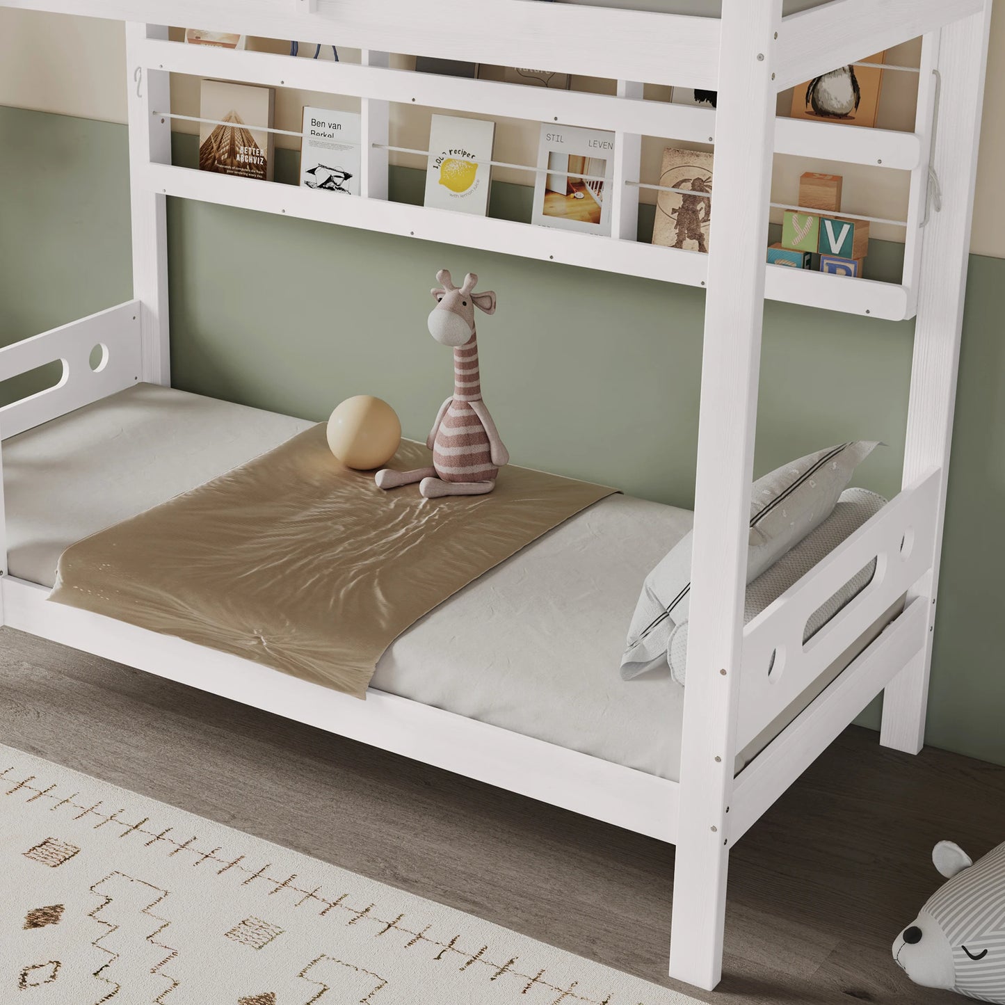 Etagenbett, Kinderbett mit Fallschutzgitter, Offenes Regal, Fünfstufige Leiter, Reichlich Stauraum, Kiefer+MDF, Weiß, 90x200cm