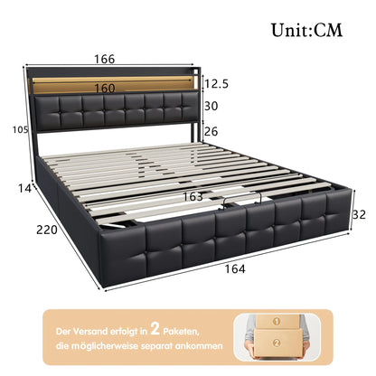 Rosahqnda Multifunctional Double Bed,Rechargeable,LED and Hydraulic Storage,Teen Bed,140/160 x 200 cm,Linen/PU,Grey,Black.