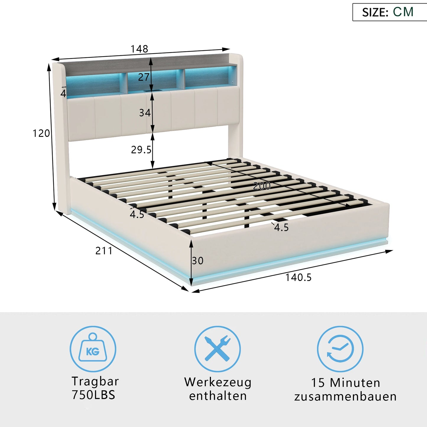 Rosahqnda Polsterbett, Hydraulisches Doppelbett mit LED-Lichtleiste und großem Stauraum, 140-160 x 200 cm, Weiß/Grau