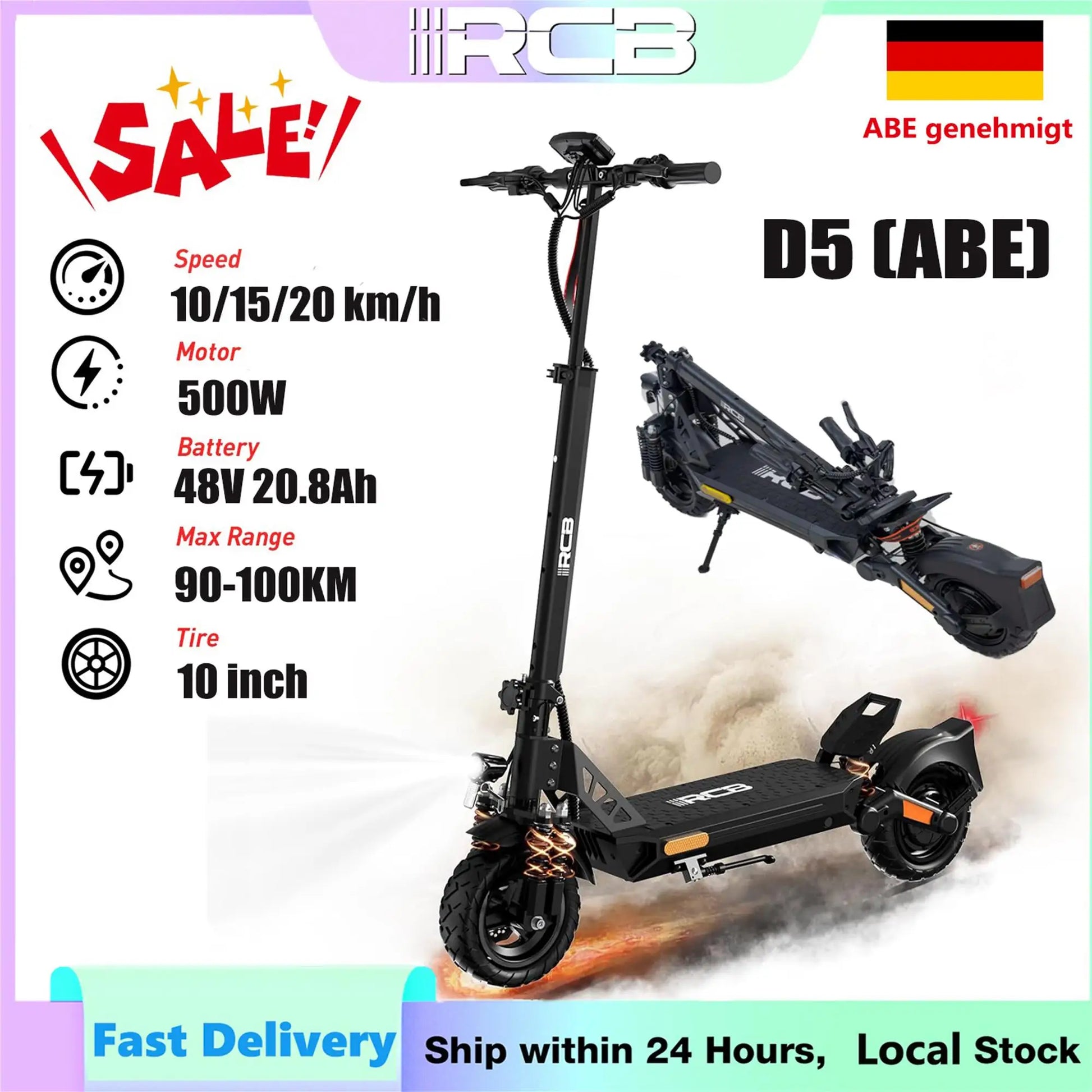 RCB Electric Scooter D5 Pro/D5 (ABE), 48V 27/20.8 Ah Battery, 500W Motor, 10“ Flatproof  Tyre, Dual Shock Absorption E Scooter.