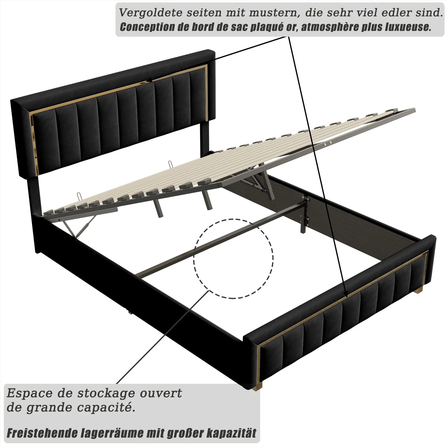 Comanlai 140 x 200 cm Polsterbett, hydraulisches Bett mit Stauraum, mit Kopfteil und Lattenrost, Matratze nicht im Lieferumfang enthalten, Schwarz