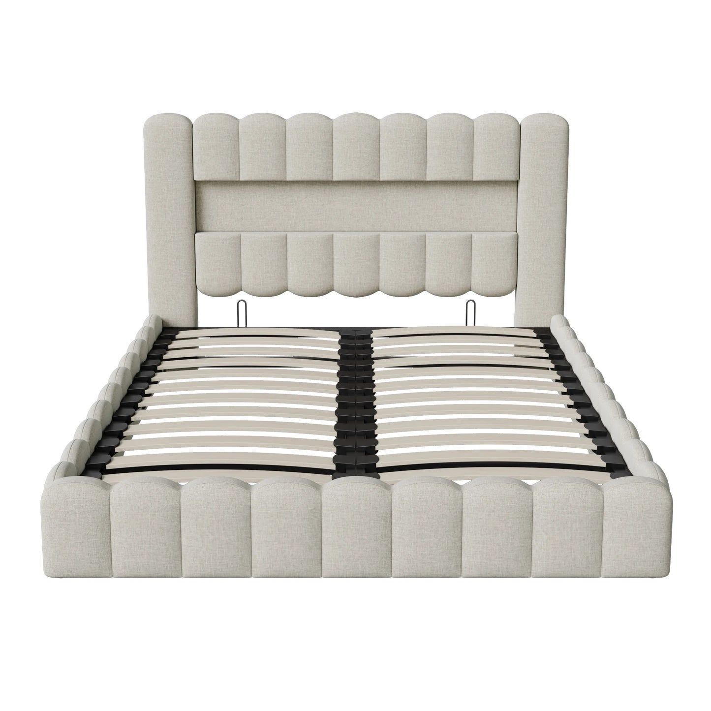 Rosahqnda Polsterbett mit LED- und USB-Anschluss, Leinenbaumstumpfbettgestell mit Kopfteil, 140 x 200 cm großes hydraulisches Bett ohne Matratze