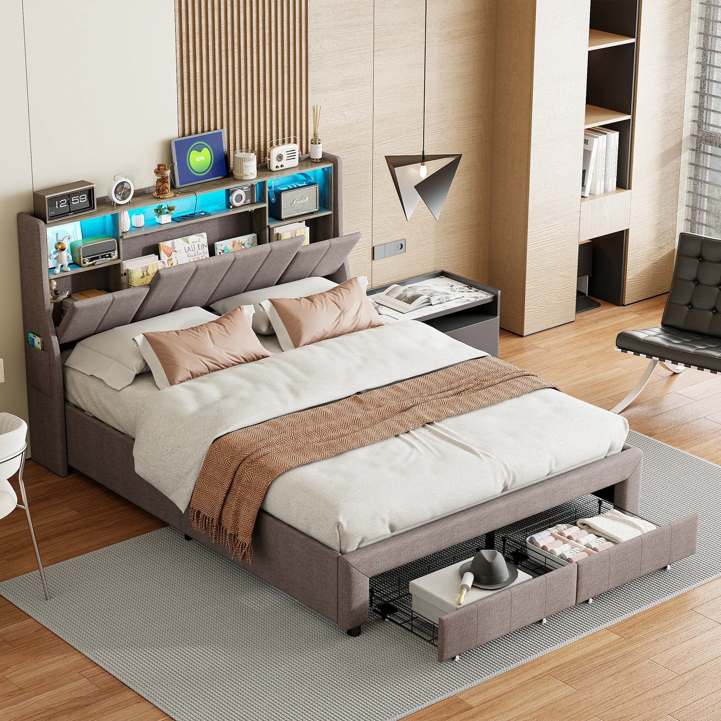 Anajqaqia 160 x 200 cm Polsterbett mit 2 Schubladen, Stauraum im Kopfteil und LED-Beleuchtung, Leinen, Grau