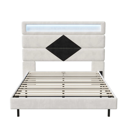 Rosahqnda Schwebebett 140*190cm Doppelbett Rahmen 160*200cm mit LED&USB Polsterbett Erwachsenenwohnung Jugendbett Samt