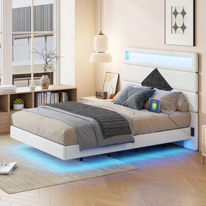 Rosahqnda Double Bed 140x190cm,Upholstered Bed with LED lighting and USB Charging Port,Youth Bed Ajudtable Headboard,WhiteVelvet