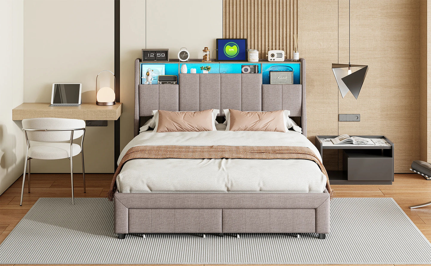 Rosahqnda gepolstertes Doppelbett, 140–160 x 200 cm, Stauraum, Kopfteil, Funktionsbett mit LED, USB und Schubladen, Jugendbett für Erwachsene, Leinengrau