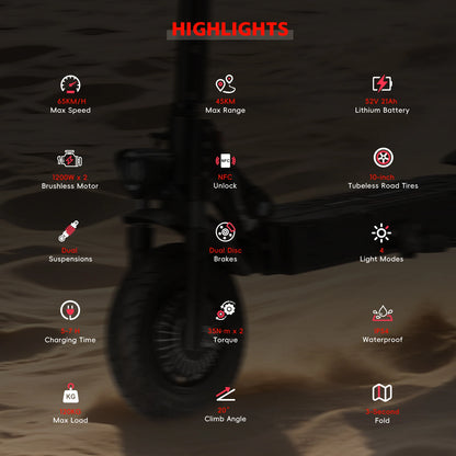 HALO KNIGHT T104 2400W Adult Electric Scooter 65KM/H Powerful Fast Scooter 52V 21Ah Folding Dual Motor E Scooter Cheap Escooter.