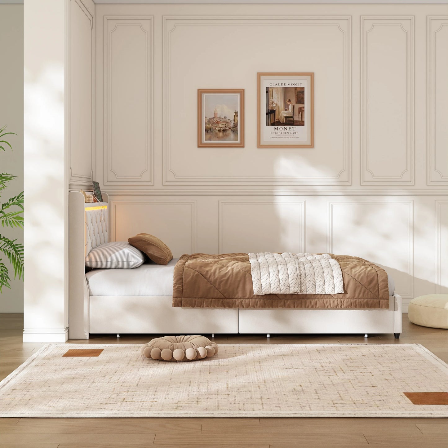 Rosahqnda Polster-Einzelbett 90 x 200 cm mit LED, Jugendbett mit USB/Typ-C, Bettkasten, Holzrahmen, Flanell (ohne Matratze)