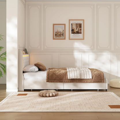 Rosahqnda Polster-Einzelbett 90 x 200 cm mit LED, Jugendbett mit USB/Typ-C, Bettkasten, Holzrahmen, Flanell (ohne Matratze)