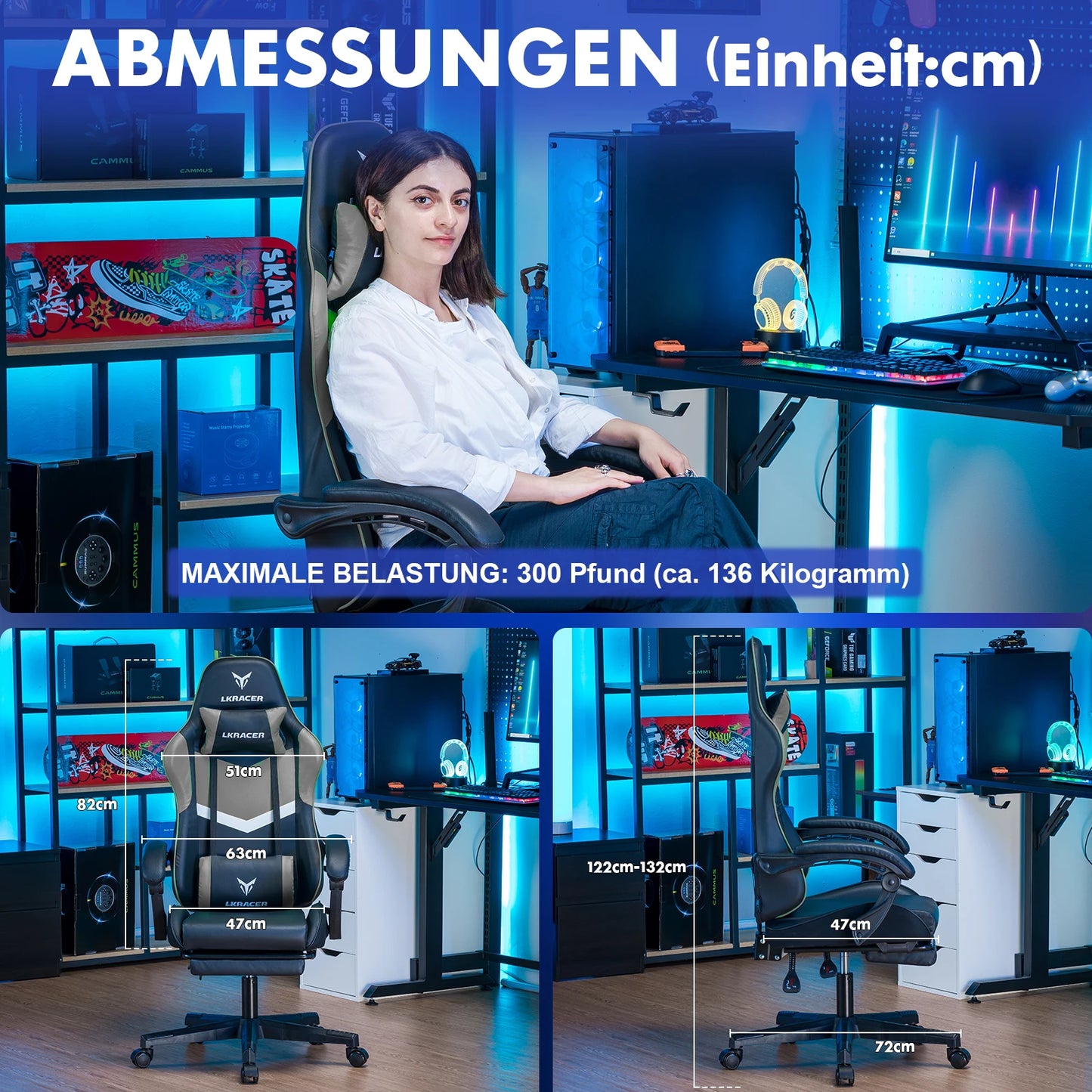 LUCKRACER Gaming Stuhl mit fußstütze Bürostuhl Ergonomisch mit verstellbare Lendenkissen, Kopfkissen Gaming Chair