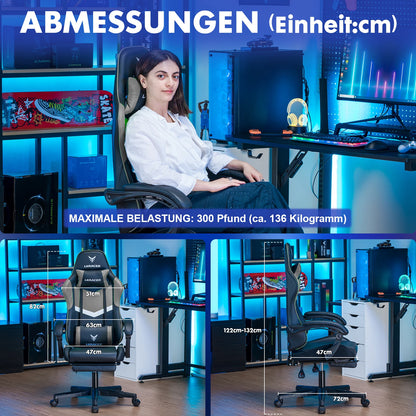 LUCKRACER Gaming Stuhl mit fußstütze Bürostuhl Ergonomisch mit verstellbare Lendenkissen, Kopfkissen Gaming Chair