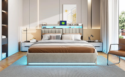 Rosahqnda Doppelbett,Kopfteil mit LED-Beleuchtung,USB-Anschlüssen und Ablagefach,Stauraumbett,Gästebett,Jugendbett,Samtstoff