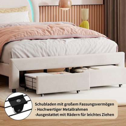 Comanlai 140 x 200 cm Polsterbett, mit Lattenrost aus Holz, mit LED und 2 Schubladen, ohne Matratze, Jugendbett, Samt, Beige