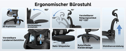 COMHOMA Bürostuhl Ergonomisch, Schreibtischstuhl mit 3D Kopfstütze und Lendenwirbelstütze, Integriertes Kleiderhaken-Design