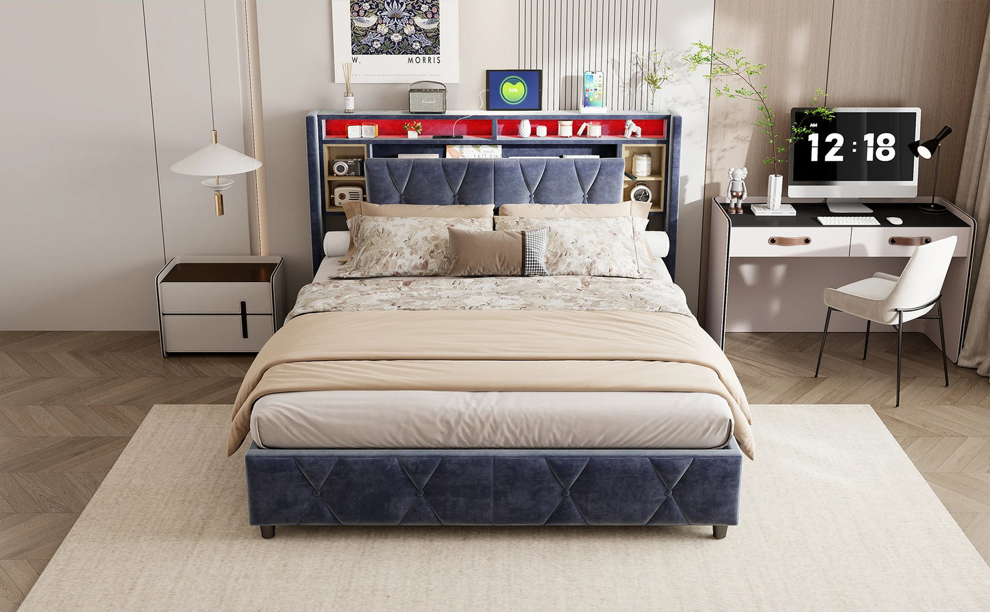 Rosahqnda Doppelbett， mit USB und LED, Polsterbett mit Stauraum und Kopfteil, Bettrahmen mit Holzlattenrost, Samt，grau