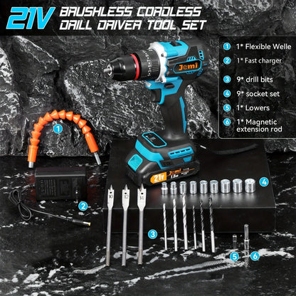 Jemi Tool Akku-Schlagbohrmaschine, mit zwei Geschwindigkeitseinstellungen, ausgestattet mit verschiedenen Größen von Bohrern und Zubehör