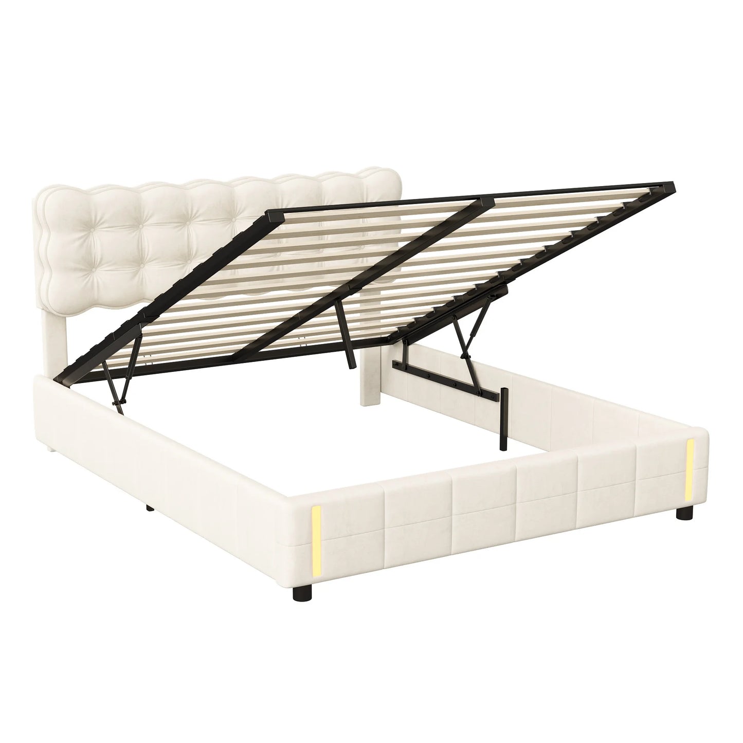 Doppelbett 140x200 cm mit LED-Beleuchtung und Stauraum, Luftdruckbett, Lattenrost, Samt, beige, ohne Matratze