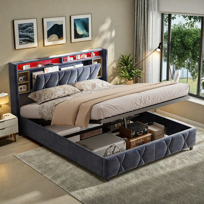 UrbanLuxe Bettgestell 140x200 cm mit LED-Lichtleiste und Dual-USB-Ladeanschluss, Bett mit Stauraum, Lattenrost, Samt, grau