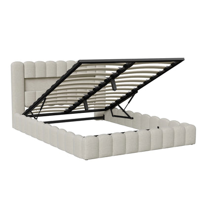 Rosahqnda Polsterbett mit LED- und USB-Anschluss, Leinenbaumstumpfbettgestell mit Kopfteil, 140 x 200 cm großes hydraulisches Bett ohne Matratze