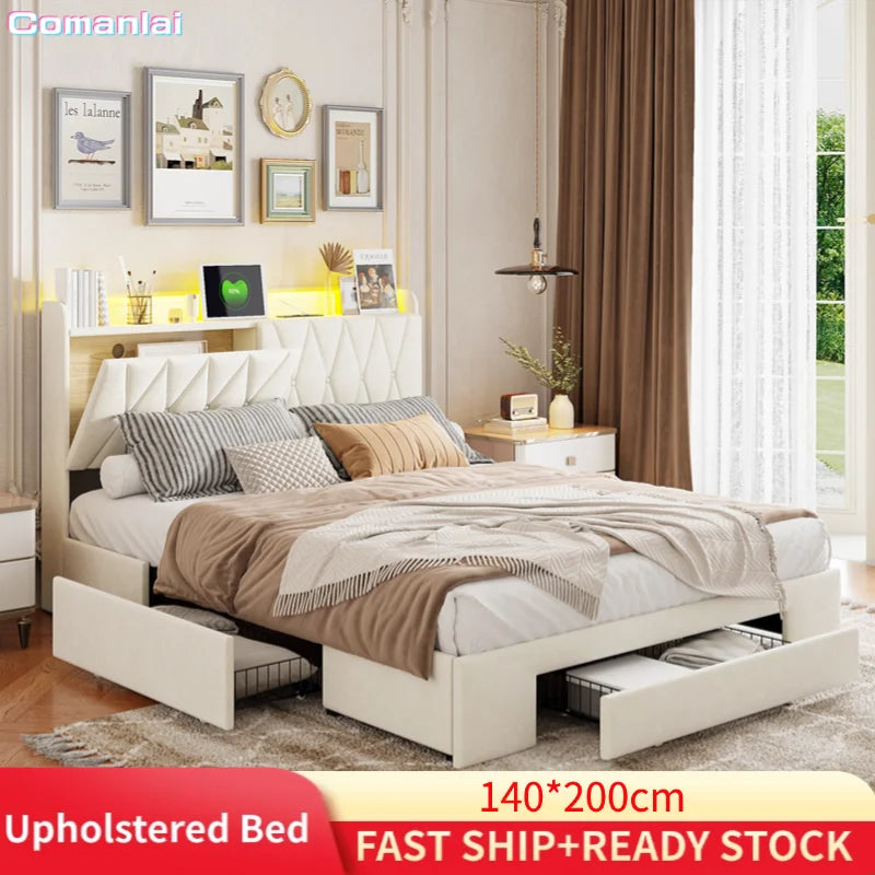 Comanlai Polsterbett 140 x 200 cm, Doppelbett mit 3 Schubladen, USB-Ladefunktion, ohne Matratze, Samt, Beige