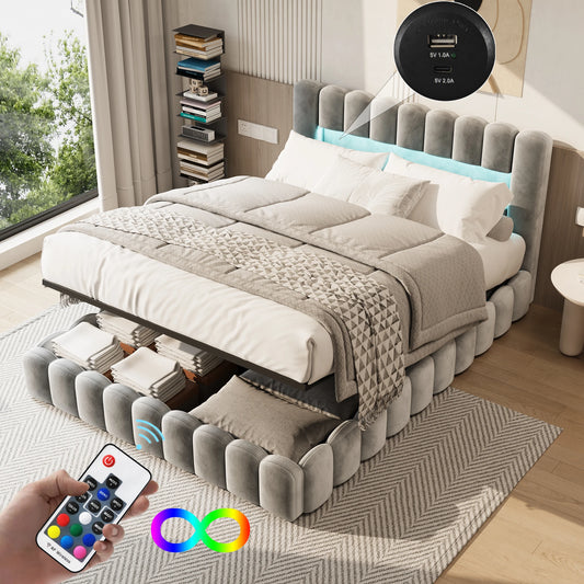 Rosahqnda Hydraulisches Doppelbett 180 x 200 cm, LED & USB Bett mit Stauraum, gepolstertes Gästebett, Jugendbett, Samt