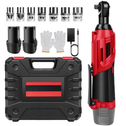 200 Nm kabelloser elektrischer Ratschenschlüsselsatz 90 °   3/8-Zoll-Winkelschlüssel mit 7-teiligem Steckschlüsselsatz, Ratschenwerkzeug mit 2 Lithiumbatterien