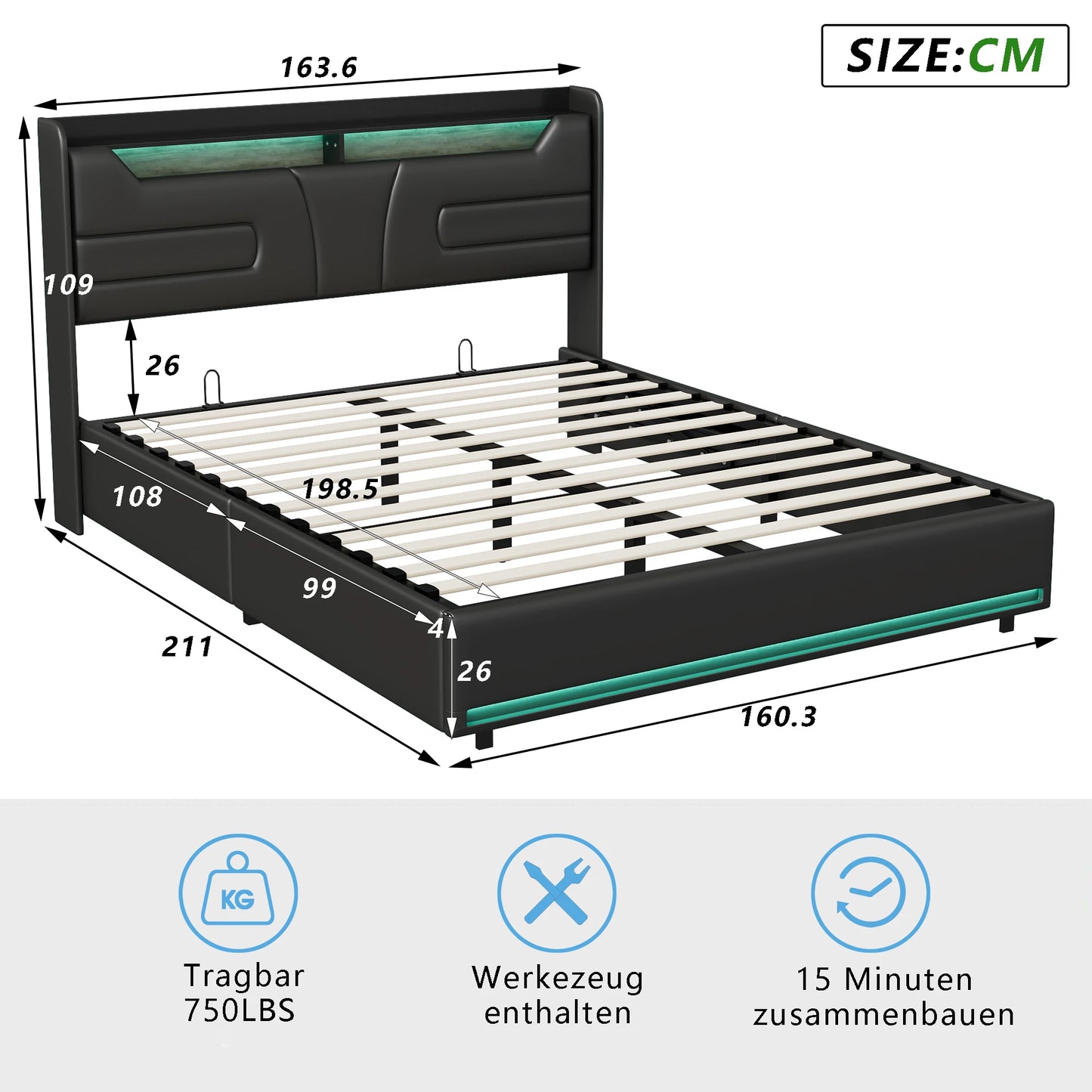 Gepolstertes Doppelbett 160 x 200 cm, hydraulisches Bett mit Stauraum und LED-Licht, Bett mit Kopfteil und Lattenrost, Bettrahme